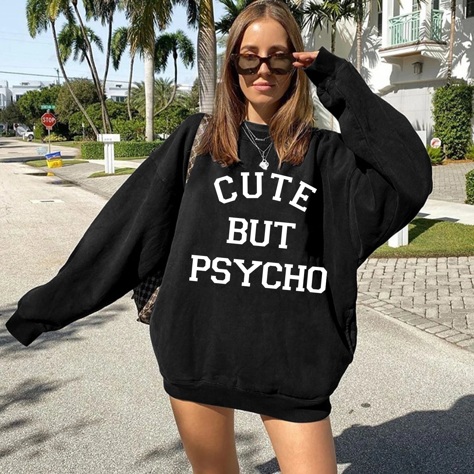CUTE BUT PSYCHO 2023 Trendy Long Sleeve Crewneck Women's Hoodie - Harajuku Fashion Y2K Aesthetic Streetwear for Fall/Winter | Casual Outfit, Street Style, Layering Essential