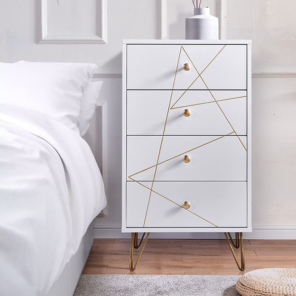 White 4-Drawer Chest of Drawers with Gold Trim - Wooden Tall Dresser Storage Cabinet for Bedroom & Living Room - Perfect for Organizing Clothes, Linens, and Home Decor Accessories