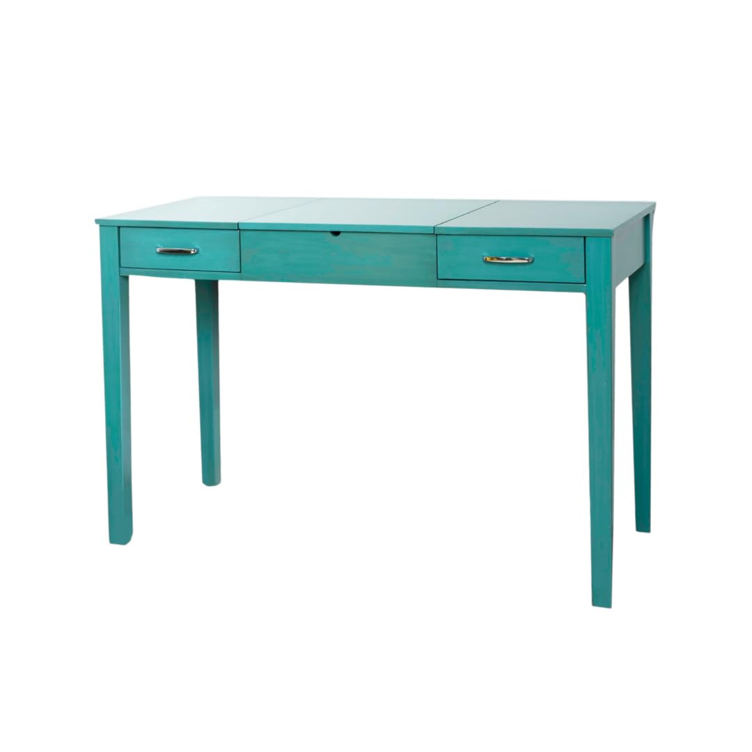 Hives and Honey Ainsley Vanity Desk with Lift-Top Mirror - Modern Wood Grain Makeup Dressing Table with 2 Drawers, USB & Power Outlet, Smooth Glide & Brushed Chrome Hardware - Perfect for Bedroom, Dorm, or Apartment Beauty & Organization (Turquoise)