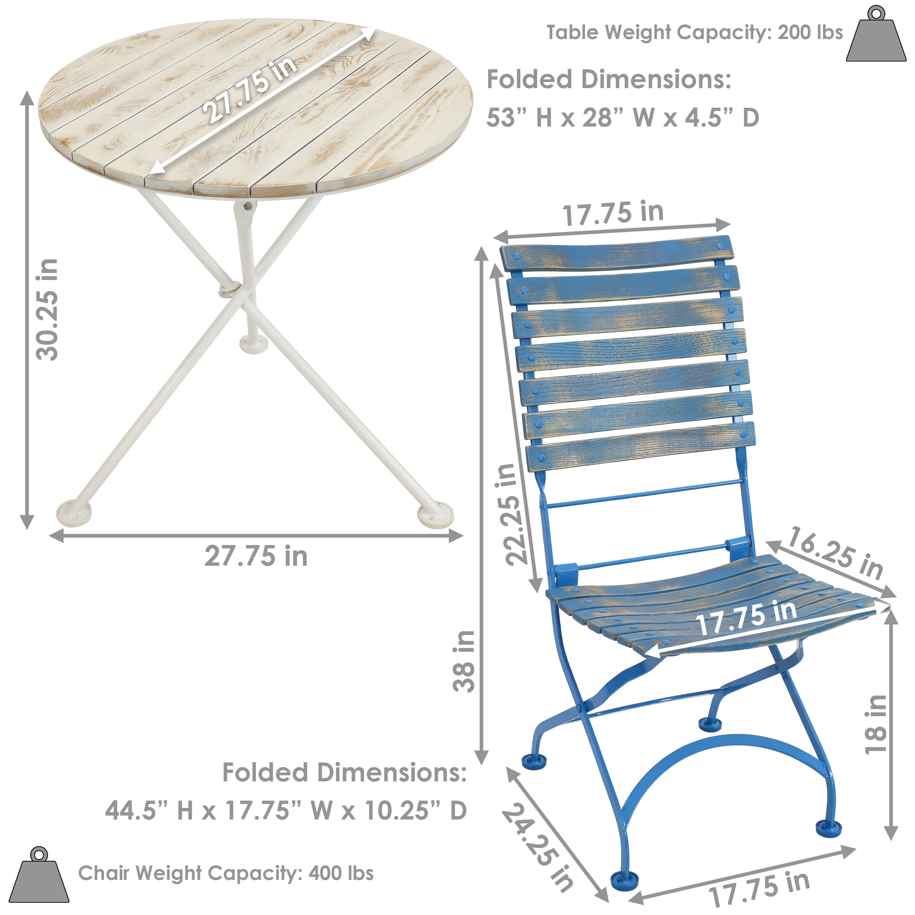 Sunnydaze Cafe Color 5-Piece Wooden Folding Bistro Table and Chairs Set - Blue | Outdoor Patio Dining Furniture for Garden, Backyard, and Poolside Relaxation