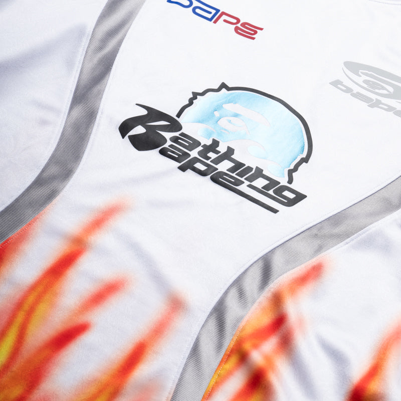 BAPE Flame Pattern Multilogo Football Jersey - Men's White Soccer Shirt for Streetwear & Game Day Outfits