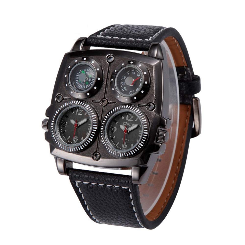 Avaner Men's Punk Watch - Unique Large Face Dual Time Zone Analog Quartz Wristwatch with Leather Strap, Decorative Compass & Thermometer Dial - Perfect for Outdoor Adventures, Travel & Fashion Statement