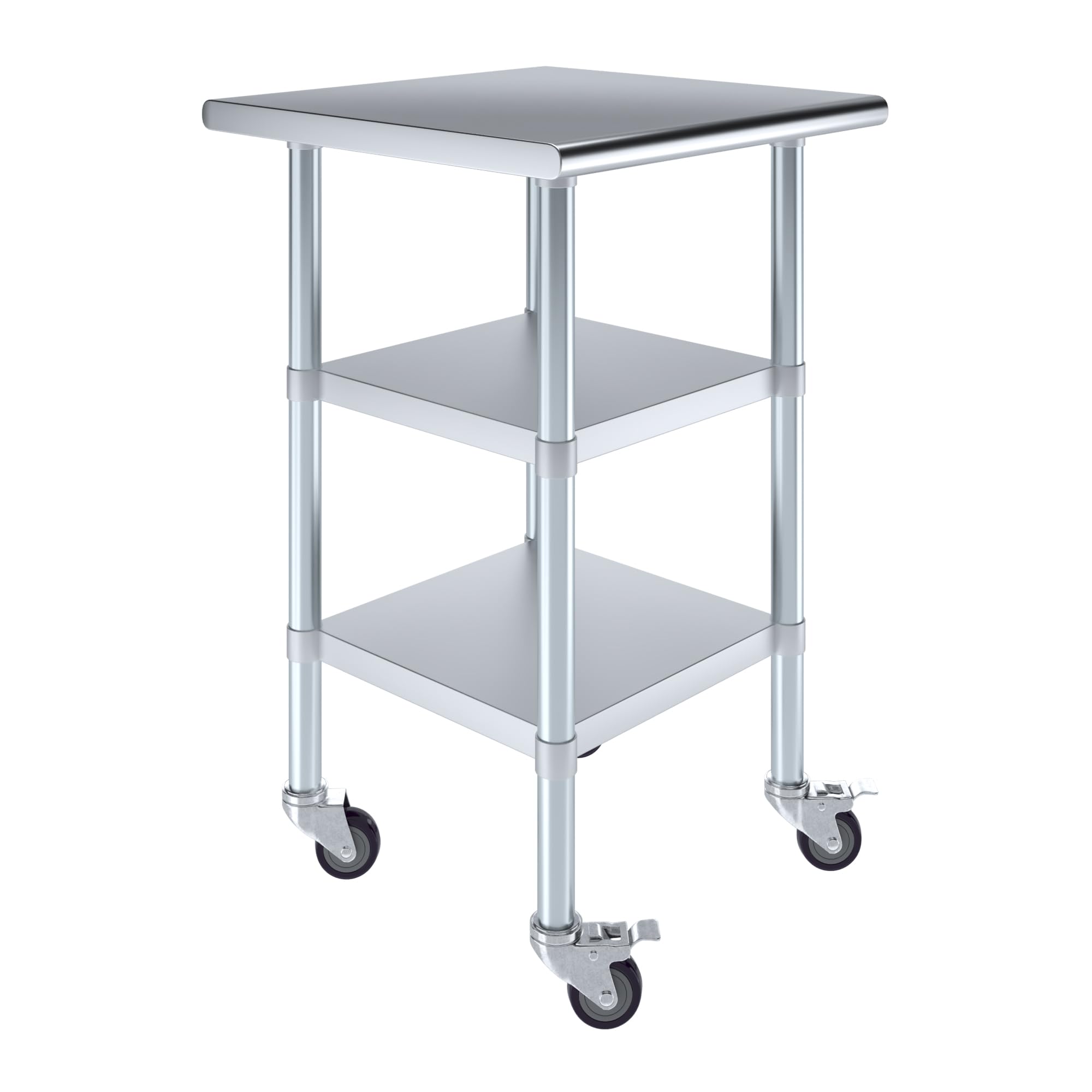 AmGood Stainless Steel Work Table with 2 Shelves & Wheels | Heavy Duty Metal Utility Table 24x24 Inch | Commercial Kitchen, Garage, Workshop, Food Prep Station