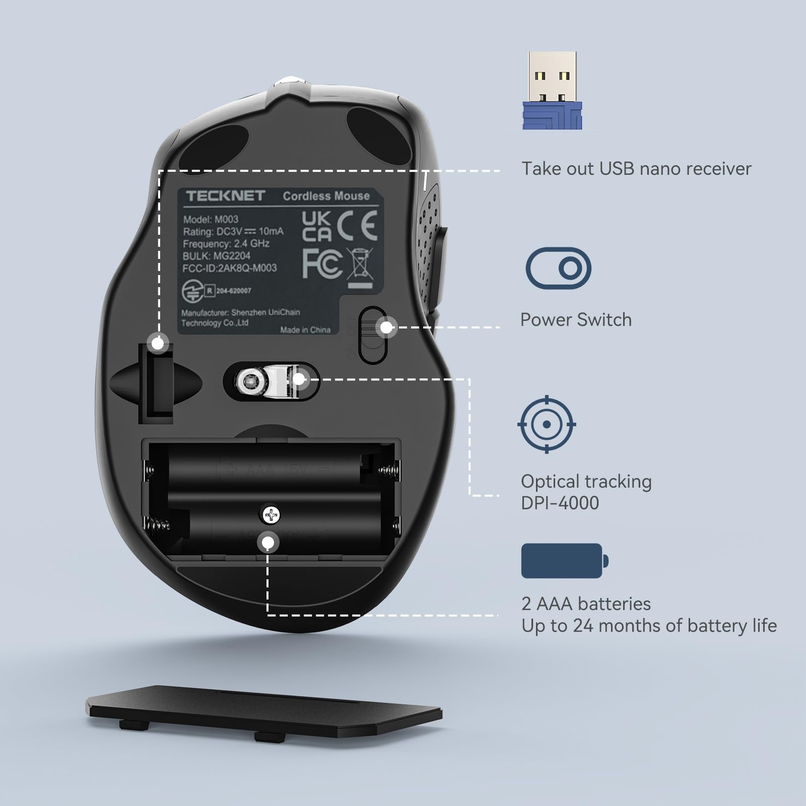 TECKNET Wireless Mouse - 2.4G Ergonomic Optical Mouse with 2600 DPI for Laptop & PC, USB Receiver Included | Perfect for Office Work, Gaming & Home Use
