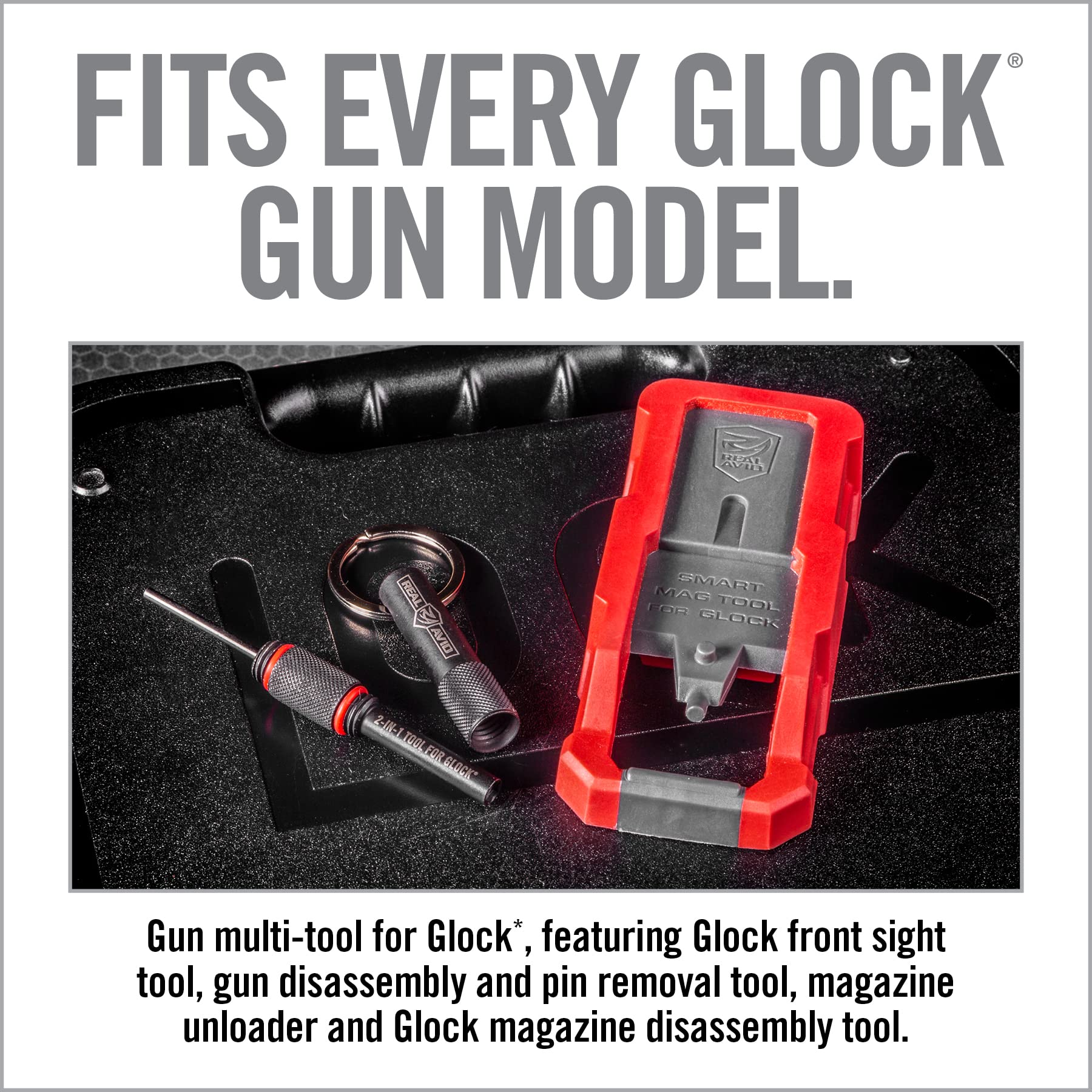 Real Avid Glock Armorer Tool Kit: 2-in-1 Gun Multitool with Front Sight Tool, Punch Down Tool & Magazine Tool for Unloading, Disassembly & Maintenance | Compatible with Glock Pistols | Perfect for Gunsmithing, Range Maintenance & Home Armory