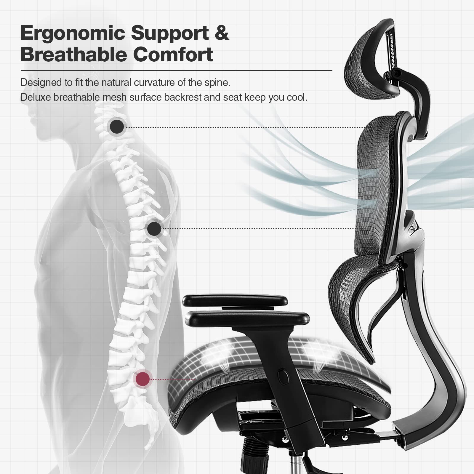 Ergonomic High Back Office Chair with Headrest & Lumbar Support - Adjustable Height Mesh Computer Chair with Swivel Base & Movable Armrests - 300 lbs Weight Capacity - Perfect for Home Office, Gaming & Executive Workspaces