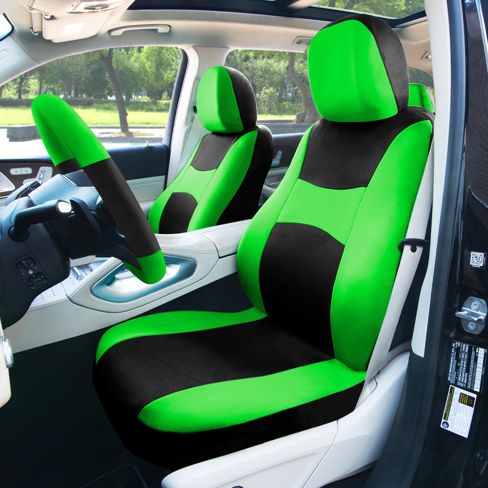 FH Group Light Breezy Green Car Seat Covers Combo Set - Universal Fit for Cars, Trucks & SUVs | Includes Luxe Carpet Floor Mats & Steering Wheel Cover | Perfect for Summer Driving & Interior Protection