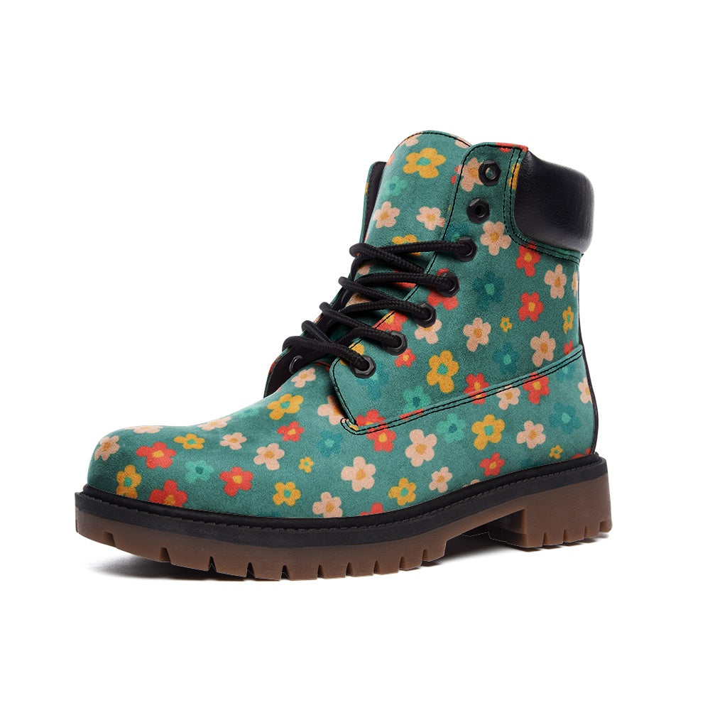 Stylish Unisex Faux Leather Combat Boots with Floral Blue Print - Perfect for Punk Fashion, Cosplay & Everyday Streetwear