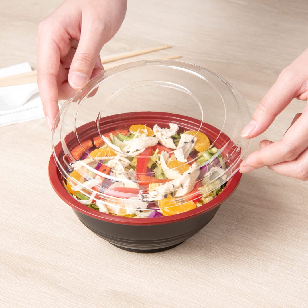 Restaurantware 18oz Disposable Food Containers - 200 Pack Salad Bowls with Lids, Microwave Safe Black & Red Plastic To-Go Bowls | Perfect for Asian Cuisine, Picnics, Takeout, Catering & Meal Prep