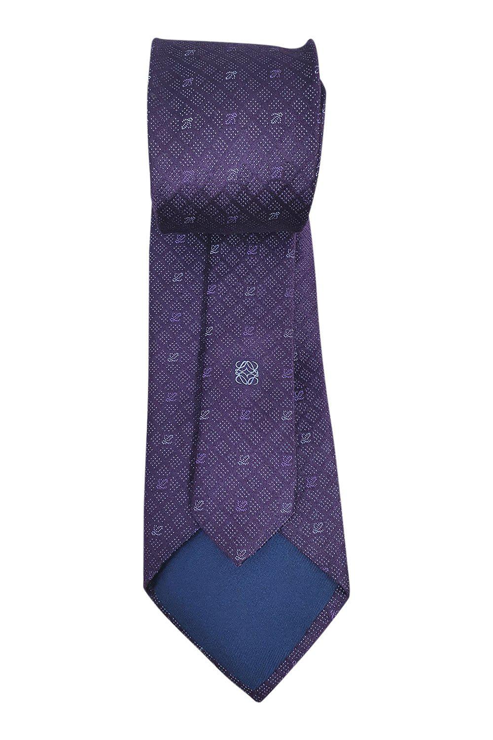 LOEWE 100% Silk Purple Necktie with Silver Polka Dots & Logo Pattern (60