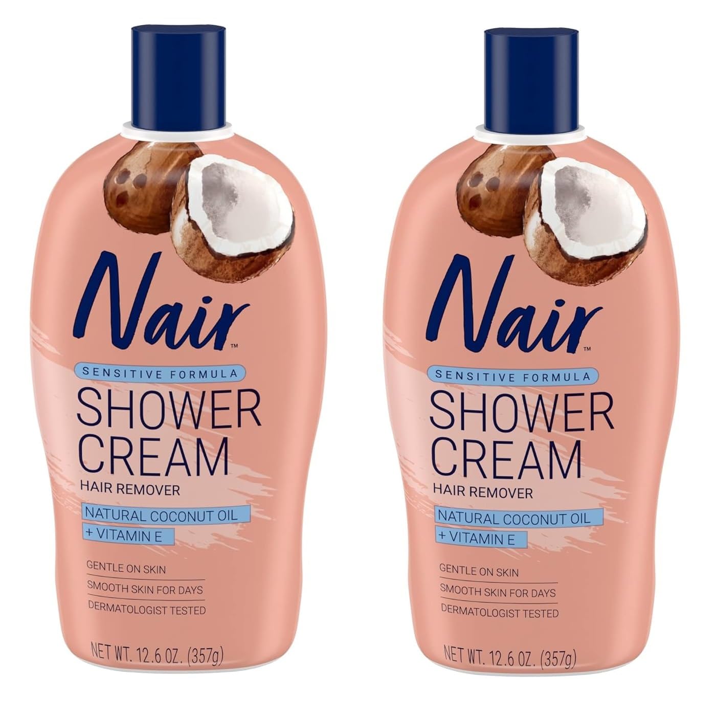 Nair Sensitive Formula Shower Cream Hair Remover with Coconut Oil & Vitamin E - 12.6oz (2 Pack) - Gentle Hair Removal for Legs, Arms & Bikini Area - Perfect for Sensitive Skin & Smooth Results