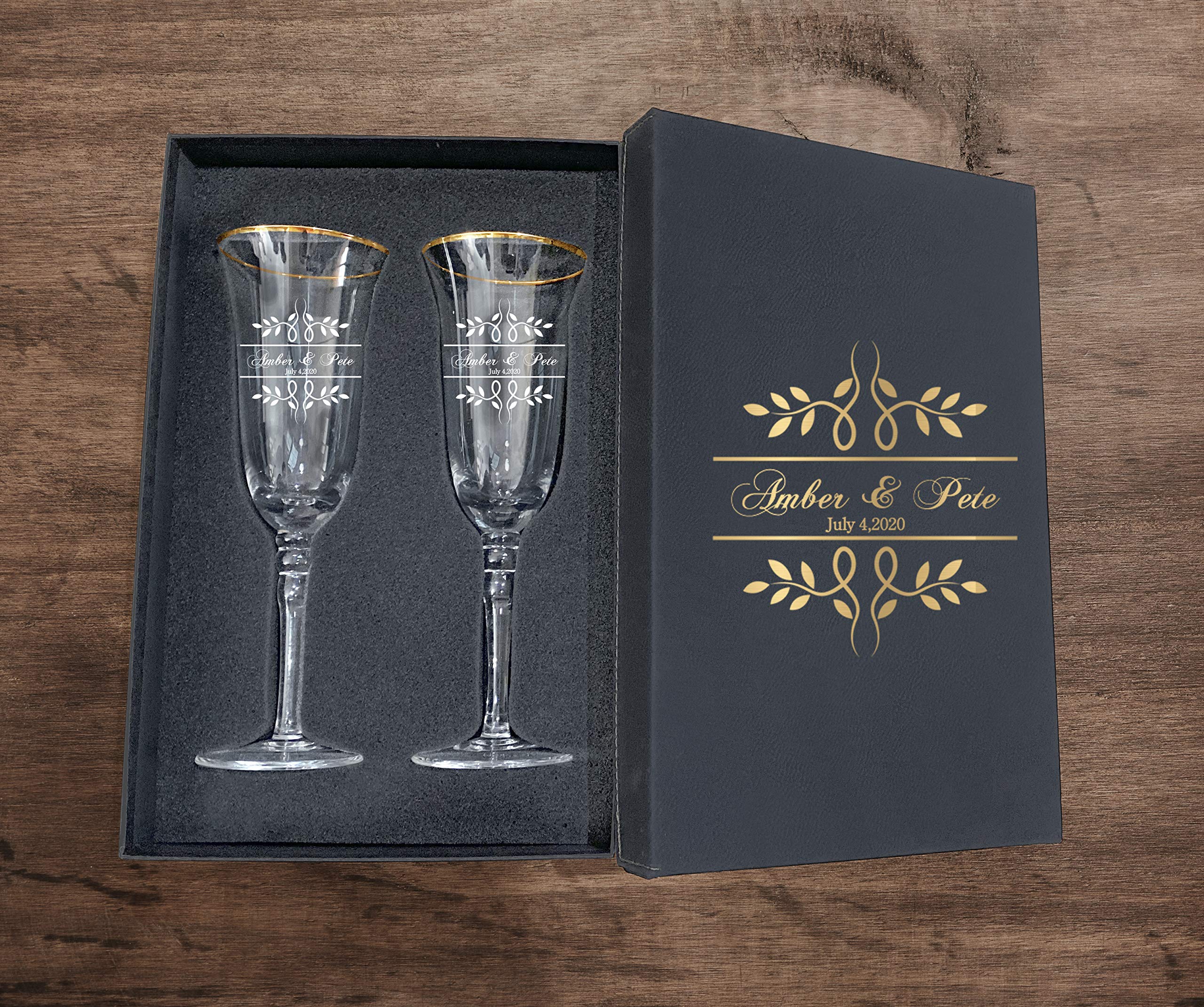 Elegant Champagne Luminous Glassware Set of 2 with Gift Box - Personalized Bride & Groom Name Custom Glasses for Weddings, Anniversaries & Romantic Celebrations - Perfect Wedding Gift for Couples