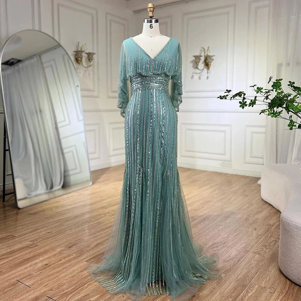Elegant Turquoise Mermaid Evening Gown with Beaded Cape - Luxury Dubai Style Wedding Dress for Women | Perfect for 2025 Weddings, Formal Parties & Red Carpet Events