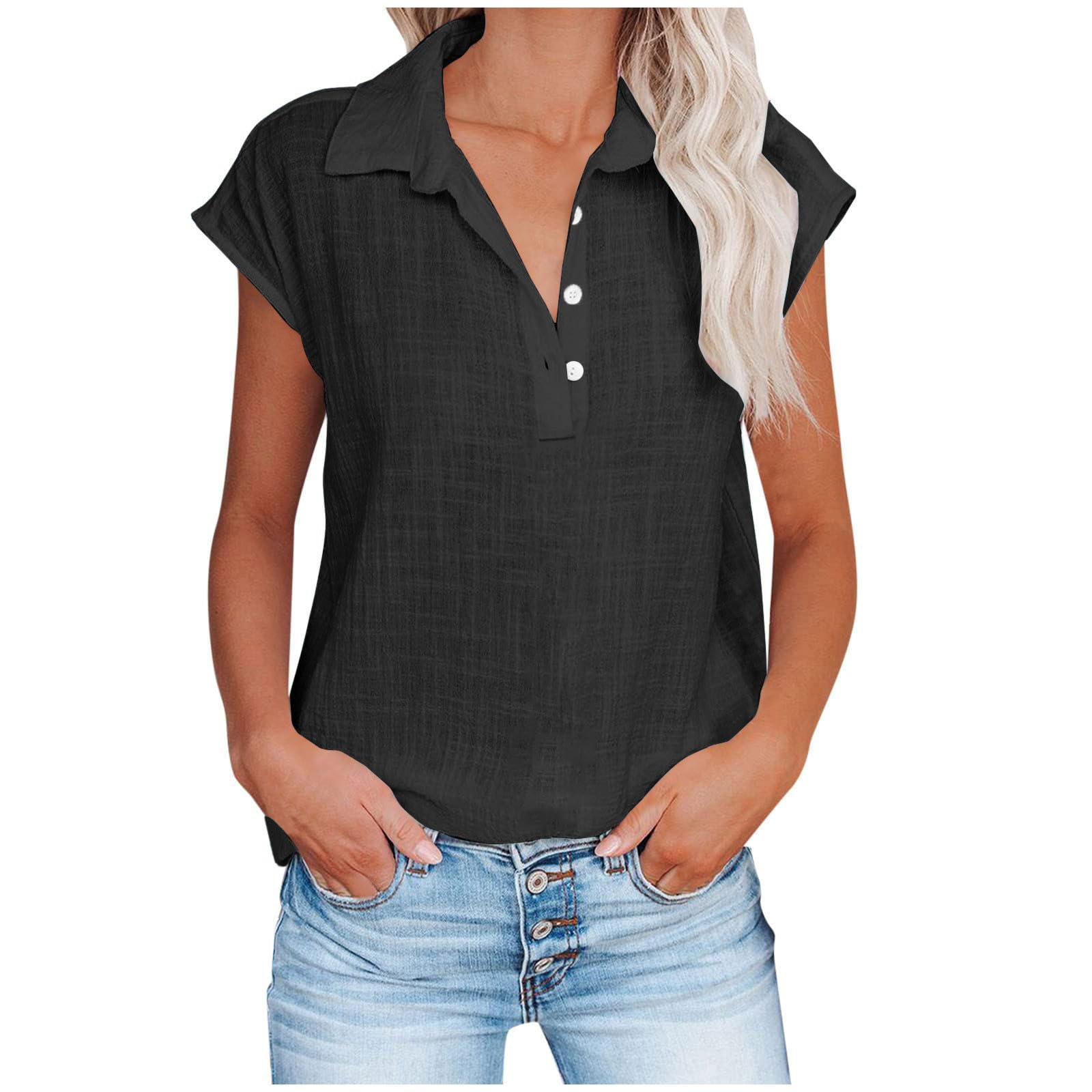 Trendy Women's Cotton Linen Short Sleeve Blouses - Loose Fit Casual & Dressy Tops for Summer 2024 | Perfect for Office, Date Night & Weekend Outings