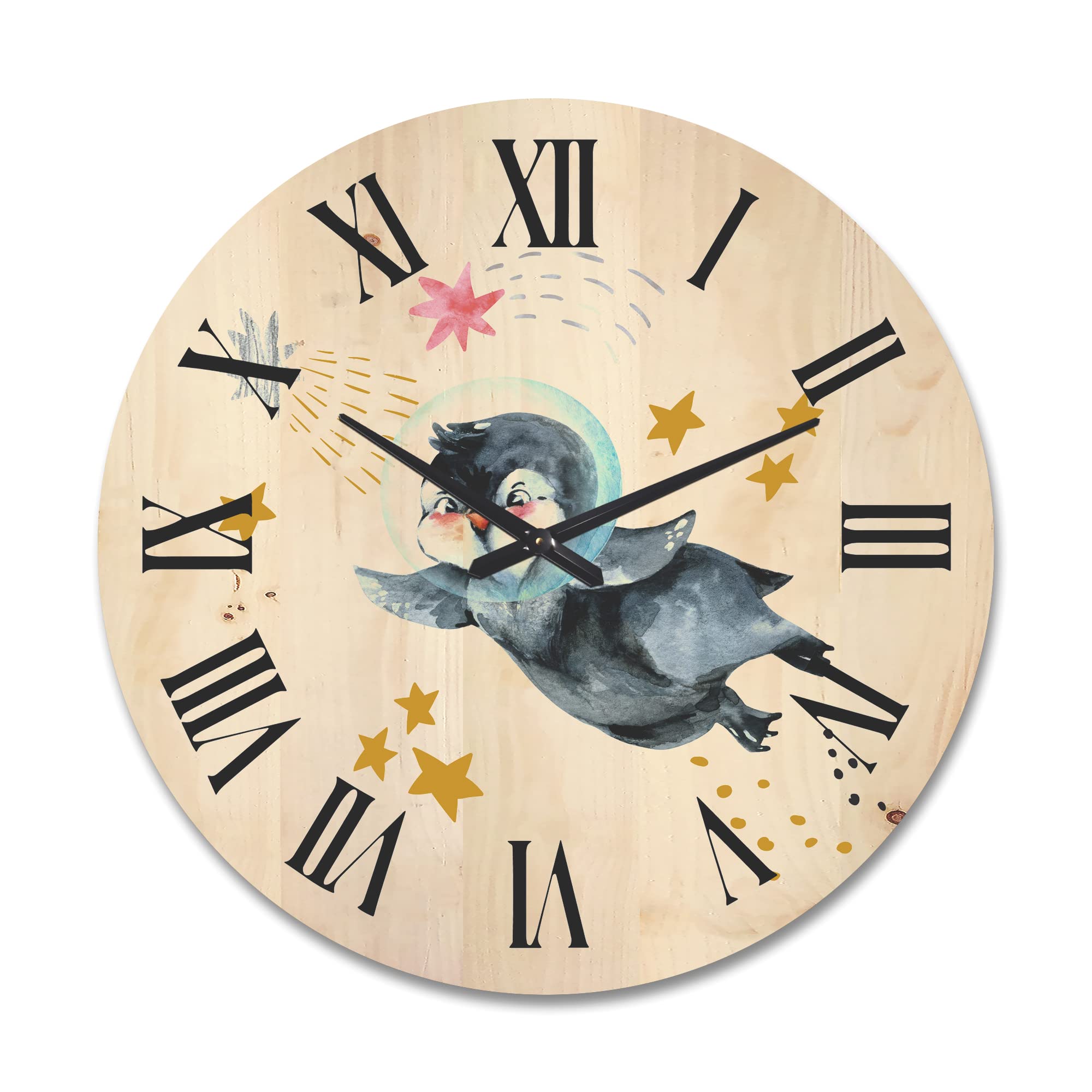 DesignQ 'Little Penguin Flying Planets and Stars' Large Farmhouse Wood Wall Clock - Oversized Decorative Animal Wall Art for Living Room, Bedroom & Office Décor - Perfect for Home, Office & Gift Giving