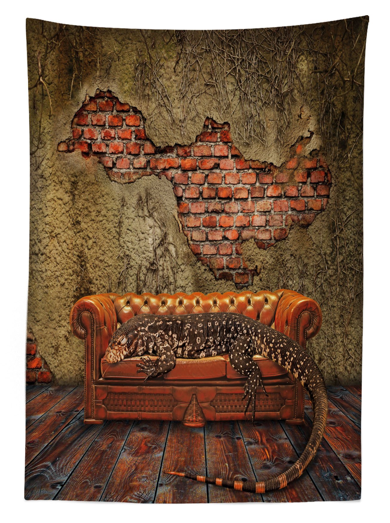 Ambesonne Fantasy Outdoor Tablecloth - Surreal Art Print with Grunge Brick Wall & Giant Lizard Design, Washable Picnic Table Cover 58x84 Inches in Vermilion Umber - Perfect for Garden Parties, BBQs, and Outdoor Dining Decorations