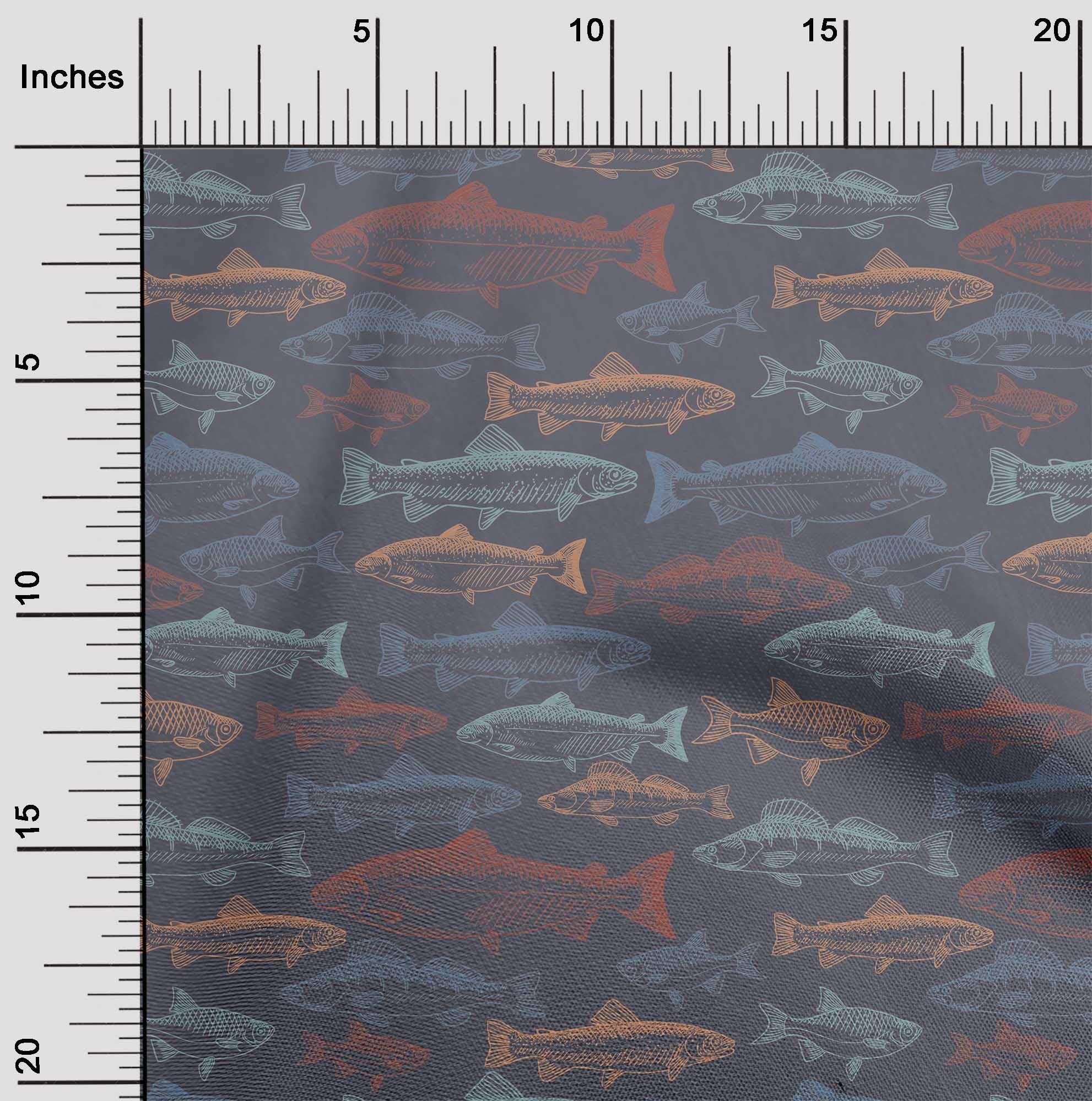 oneOone Georgette Viscose Gray Fabric Fish Ocean Print - 42 Inch Wide Sewing Material by The Yard for DIY Clothing, Dresses, Scarves & Home Decor Projects
