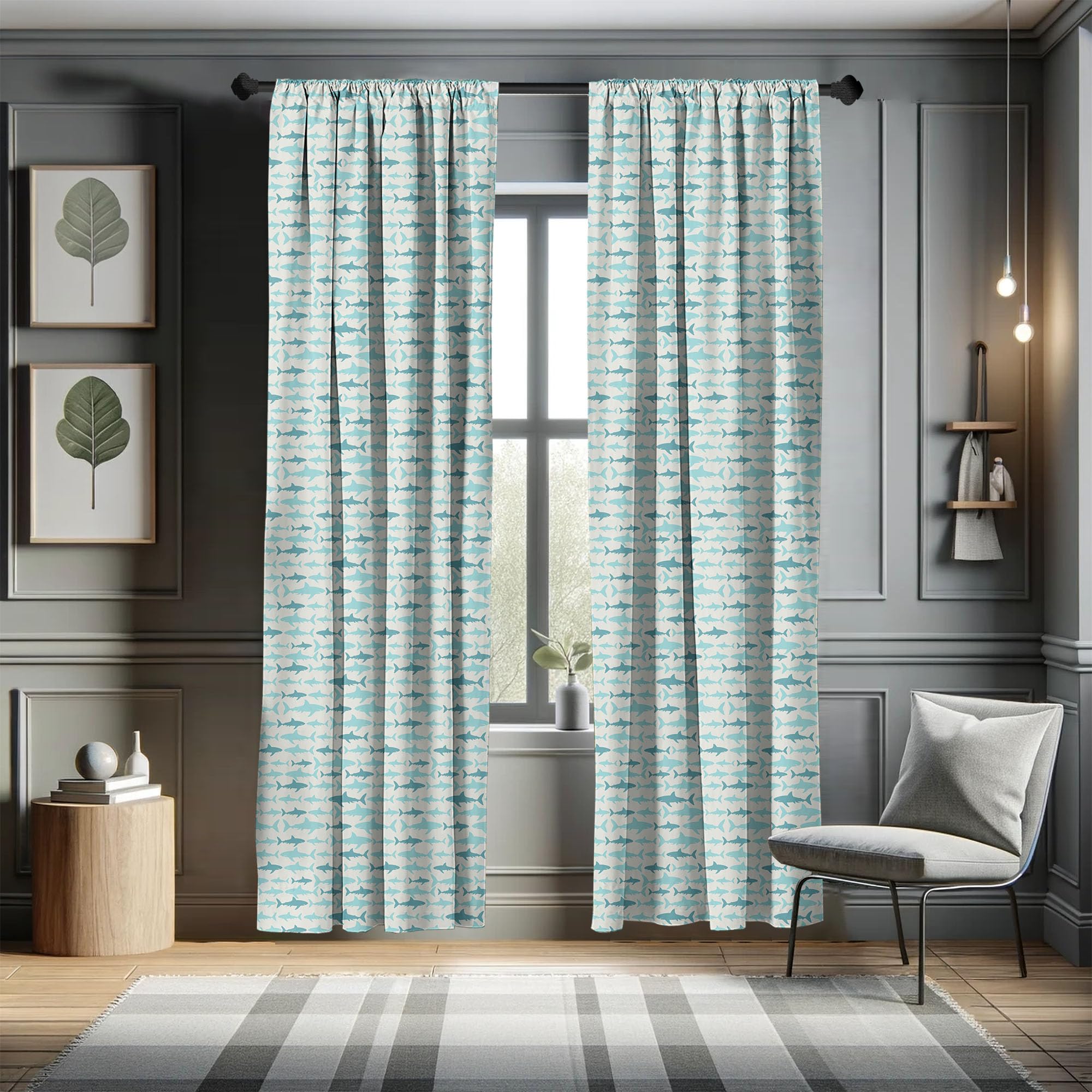 Ambesonne Blue and White Shark Window Curtains - Monochrome Sea Animals Design, Lightweight 2-Panel Set with Rod Pocket (28
