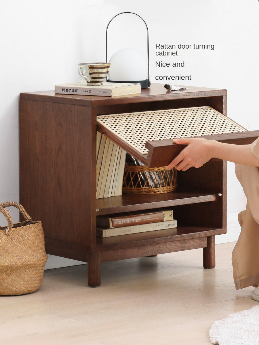 Solid Oak Wood Rattan Magazine Storage Cabinet - Stylish Organizer for Living Room, Bedroom, or Office Décor