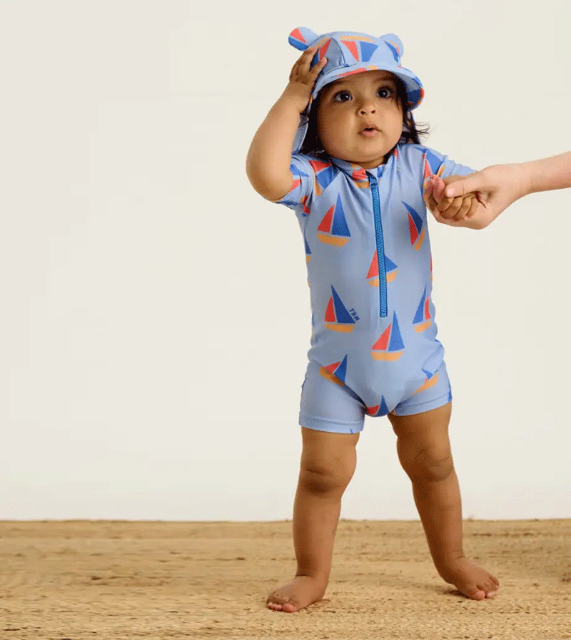 Bonnie Mob Riki Blue Sailboat Baby Swim Rash Guard Suit - UPF 50+ Sun Protection for Beach, Pool & Outdoor Water Activities