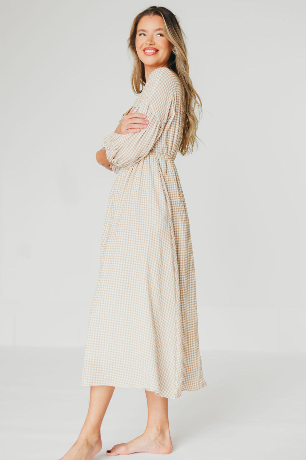 Hunter Printed Gauze Midi Dress in Natural Plaid - Bump Friendly Maternity Dress for Summer, Beach & Casual Wear