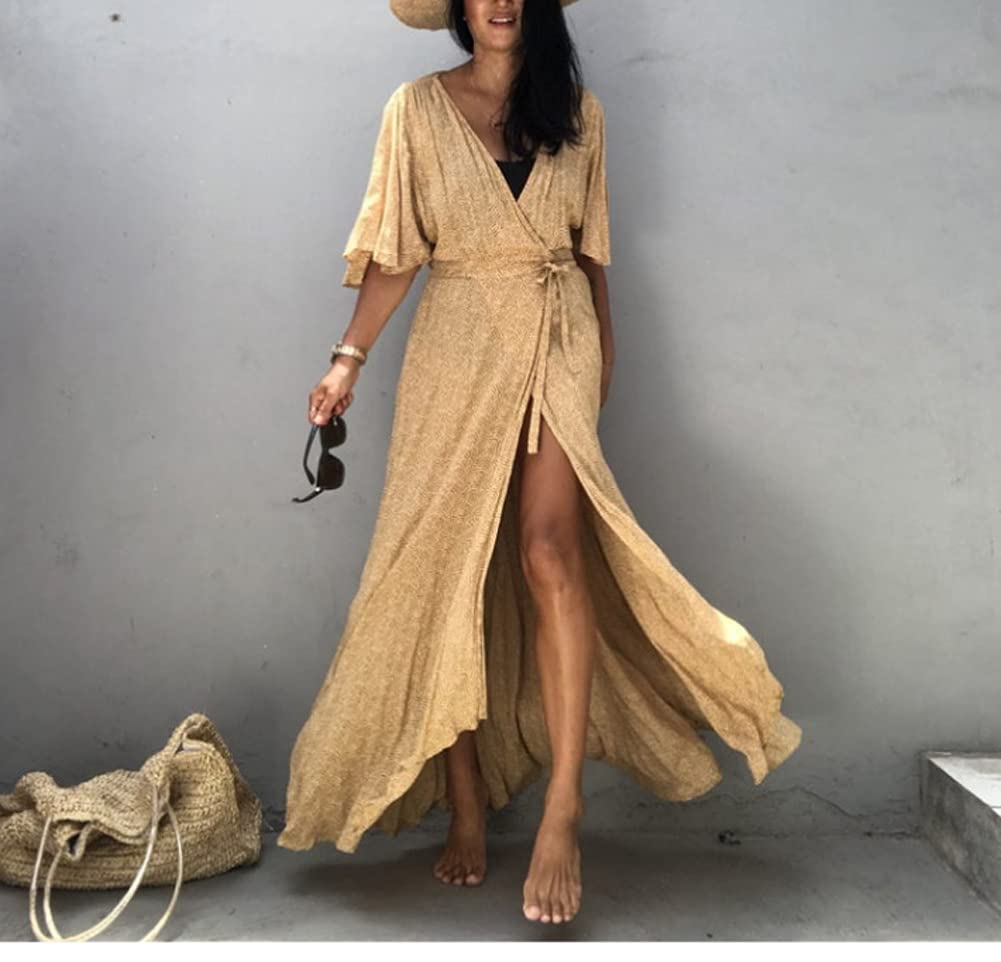 Plus Size Women's Sun Protection Beach Cover Up - Long Sleeve Cardigan Kaftan Dress with Corset Tie for Swimwear, Poolside & Summer Outings