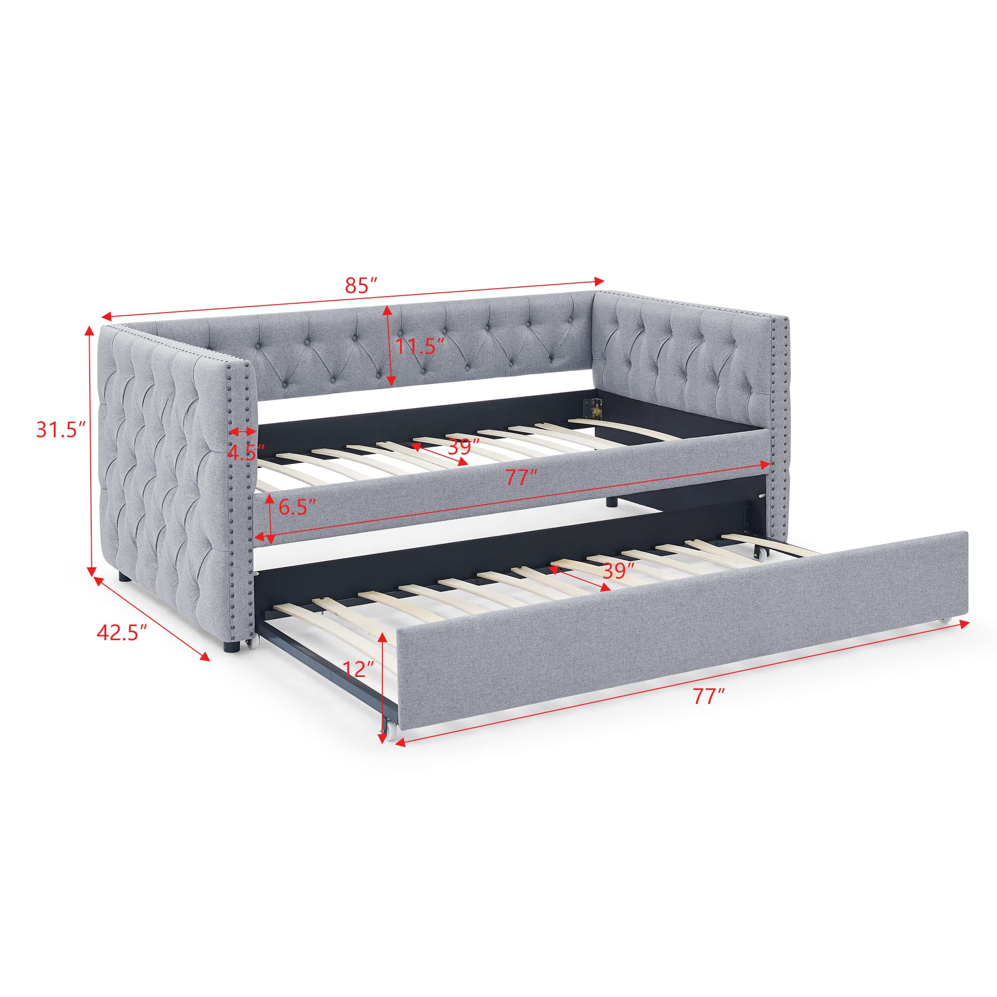Bellemave Twin Upholstered Daybed with Trundle - Mid Century Modern Tufted Button Sofa Bed Frame with Wood Slats - Gray Twin Size Daybed for Living Room, Guest Room & Small Space