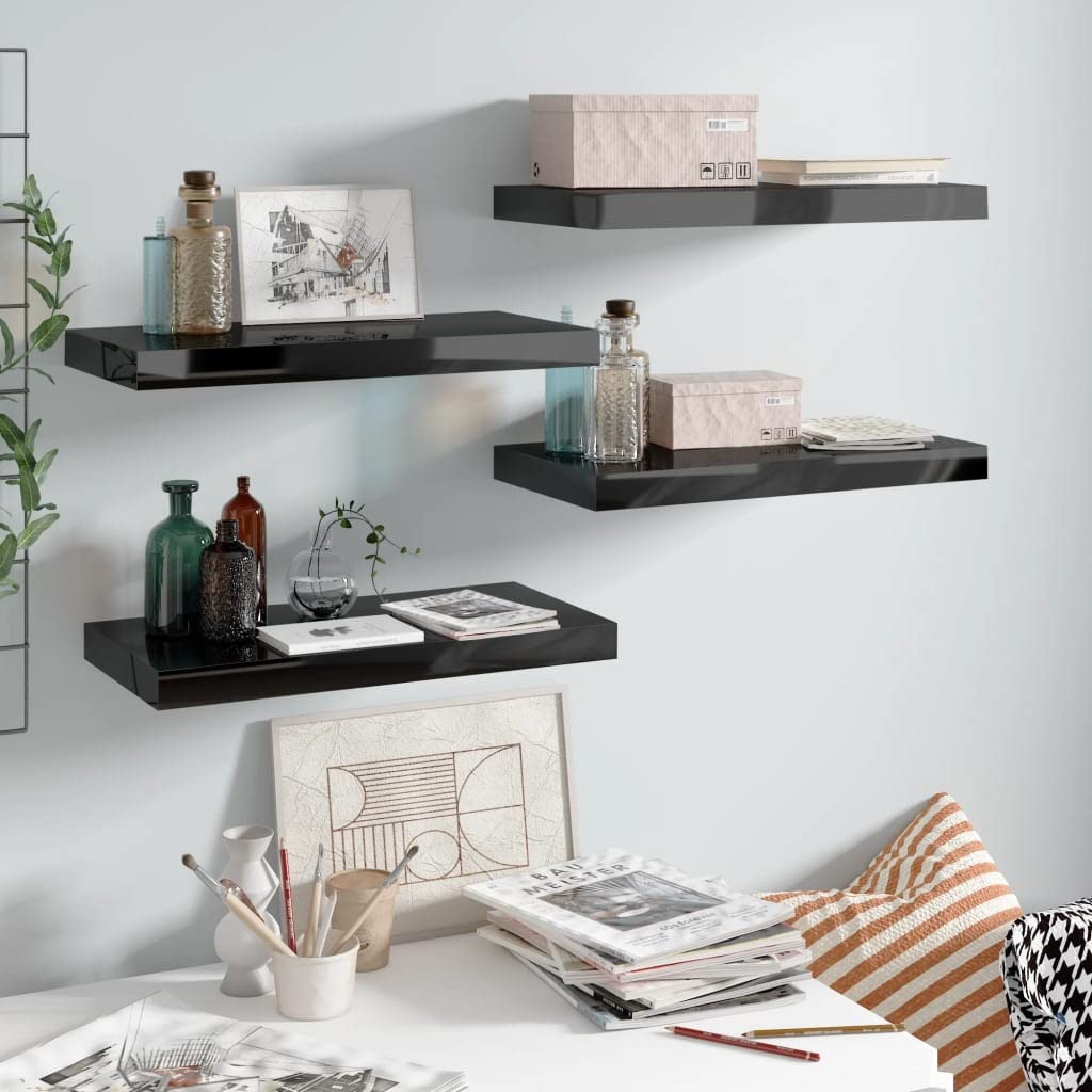 Floating Wall Shelves Set of 4 - Modern High Gloss Black MDF Shelves 19.7