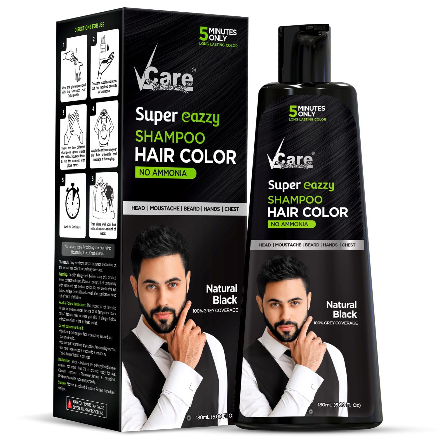 VCare Super Eazzy Hair Color Shampoo for Women & Men - 180ml 5 Minute Root Touch Up Dye Kit | Ammonia-Free, Sulfate-Free, Paraben-Free Hair Coloring for Head, Beard, Mustache, Body | Natural Black Shade | Perfect for Quick Root Coverage, Gray Hair Concealer & At-Home Hair Treatment