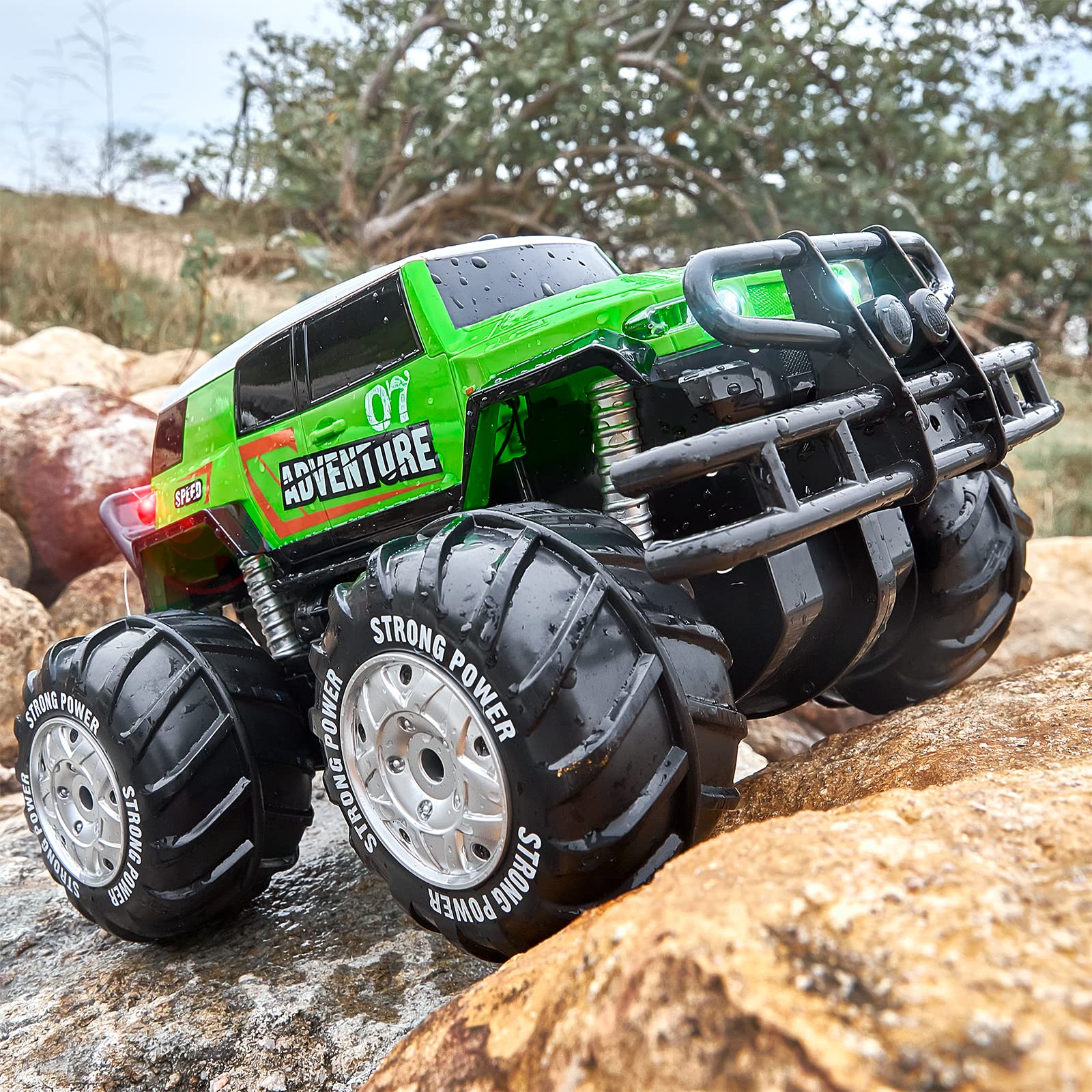Ruko 1601AMP2 1:10 Scale Amphibious RC Car - Waterproof All-Terrain Remote Control Monster Truck with LED Lights | 2 Rechargeable Batteries | Perfect Gift for Boys & Kids | Outdoor, Beach, Snow & Off-Road Adventure (Green)
