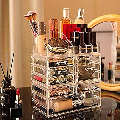 3-Pack Clear Acrylic Makeup Organizer with 7 Stackable Drawers - Skincare, Jewelry & Hair Accessories Storage for Vanity, Bathroom & Bedroom - Perfect Beauty Desk Organizer for Cosmetics & Small Items