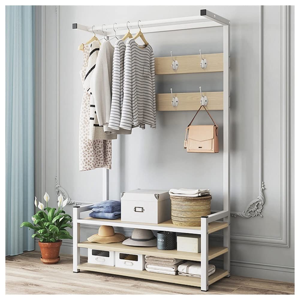 Industrial Coat Rack with Shoe Bench & Storage Shelf - 3-in-1 Entryway Hall Tree with Hooks, Steel Frame - Easy Assembly (White, 80x37x170cm) - Perfect for Small Spaces, Apartments & Mudroom Organization