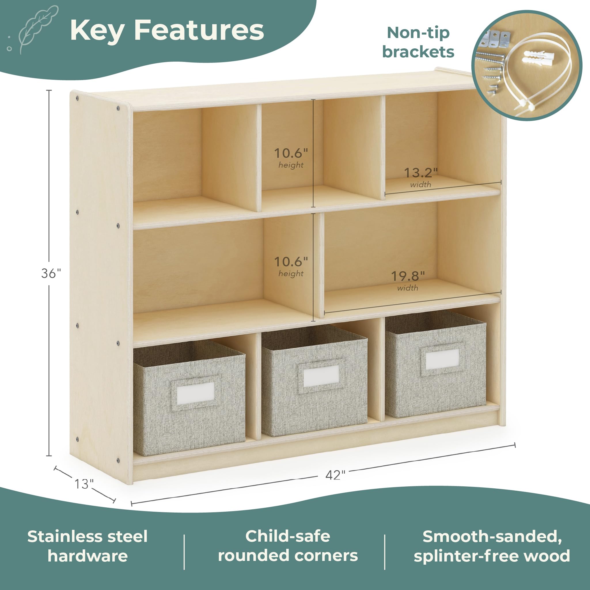 Guidecraft EdQ Three Shelf Wooden Storage Unit with 3 Fabric Bins - Kids Bookshelf & Toy Organizer for Homeschool, Classroom, Playroom & Bedroom Organization