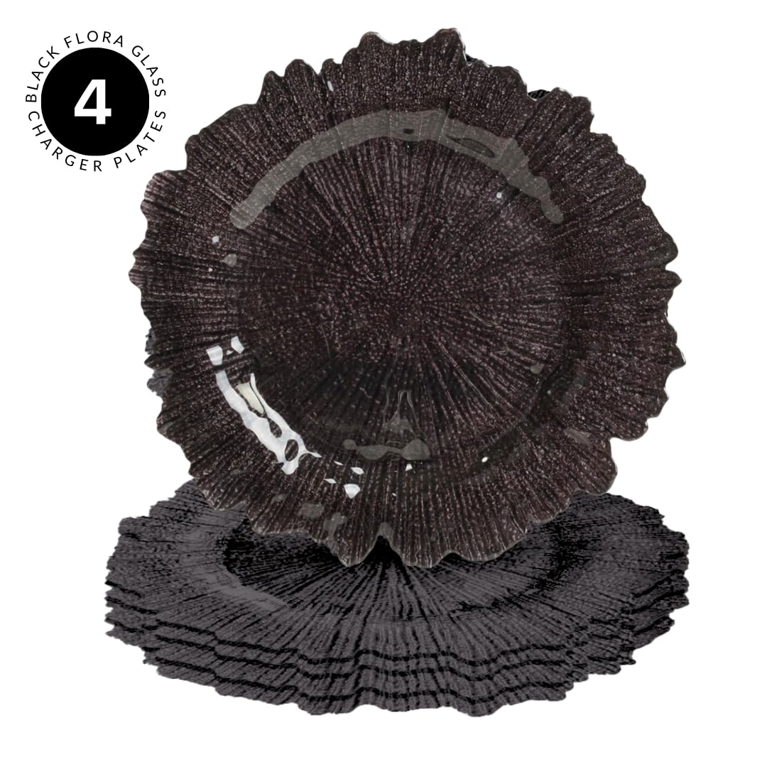 Koyal Wholesale Bulk Flora Glass Charger Plates - Set of 4 Black Starburst & Reef Design - Elegant Dinner Party, Wedding, and Holiday Table Decor