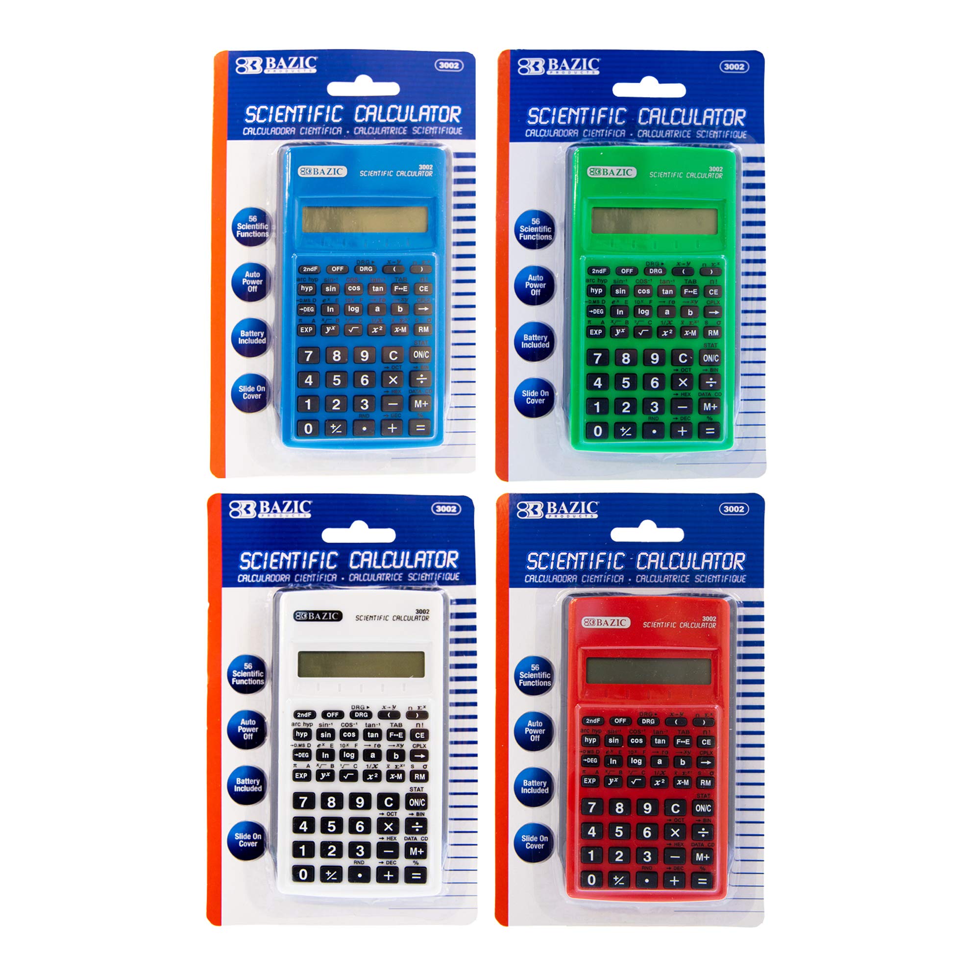 BAZIC 56 Function Scientific Calculator with Slide-On Case, LCD Display - Engineering & Graphing Calculator for High School, College Students & Professionals (4-Pack, Assorted Colors) - Perfect for Math, Science, Engineering Classes & Office Work