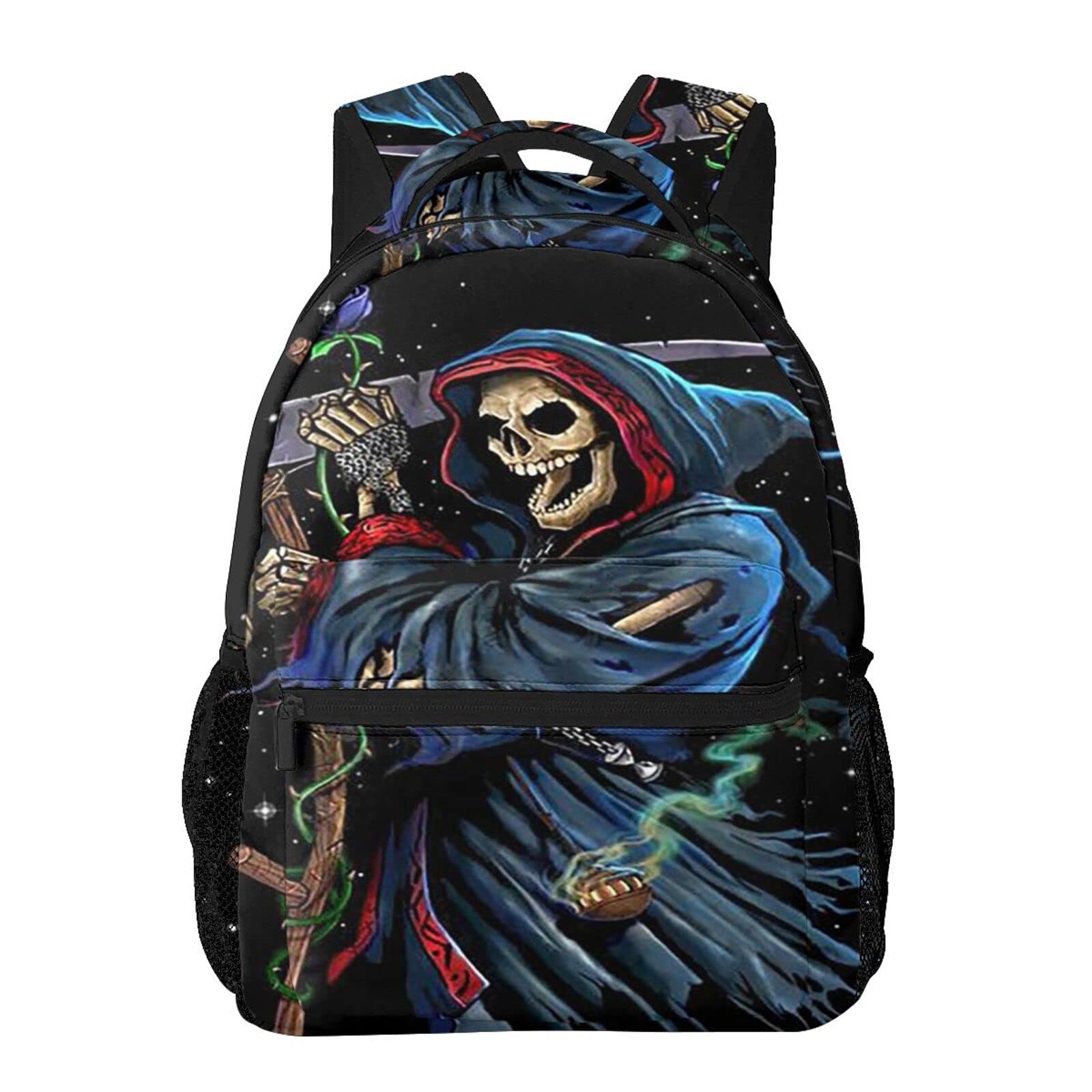 Grim Reaper Skull Backpack - Gothic School Bag for Middle & High School Students, College Laptop Backpack with Death Art Design - Perfect for Daily Use, Class, Travel & Casual Wear