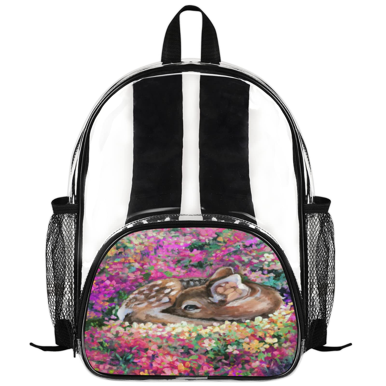 Clear PVC Mini Backpack for Women & Girls - Durable Heavy Duty Transparent Bookbag for School, Work & Security | Sika Deer Floral Design | Perfect for Concerts, Festivals, Travel & Airport Security