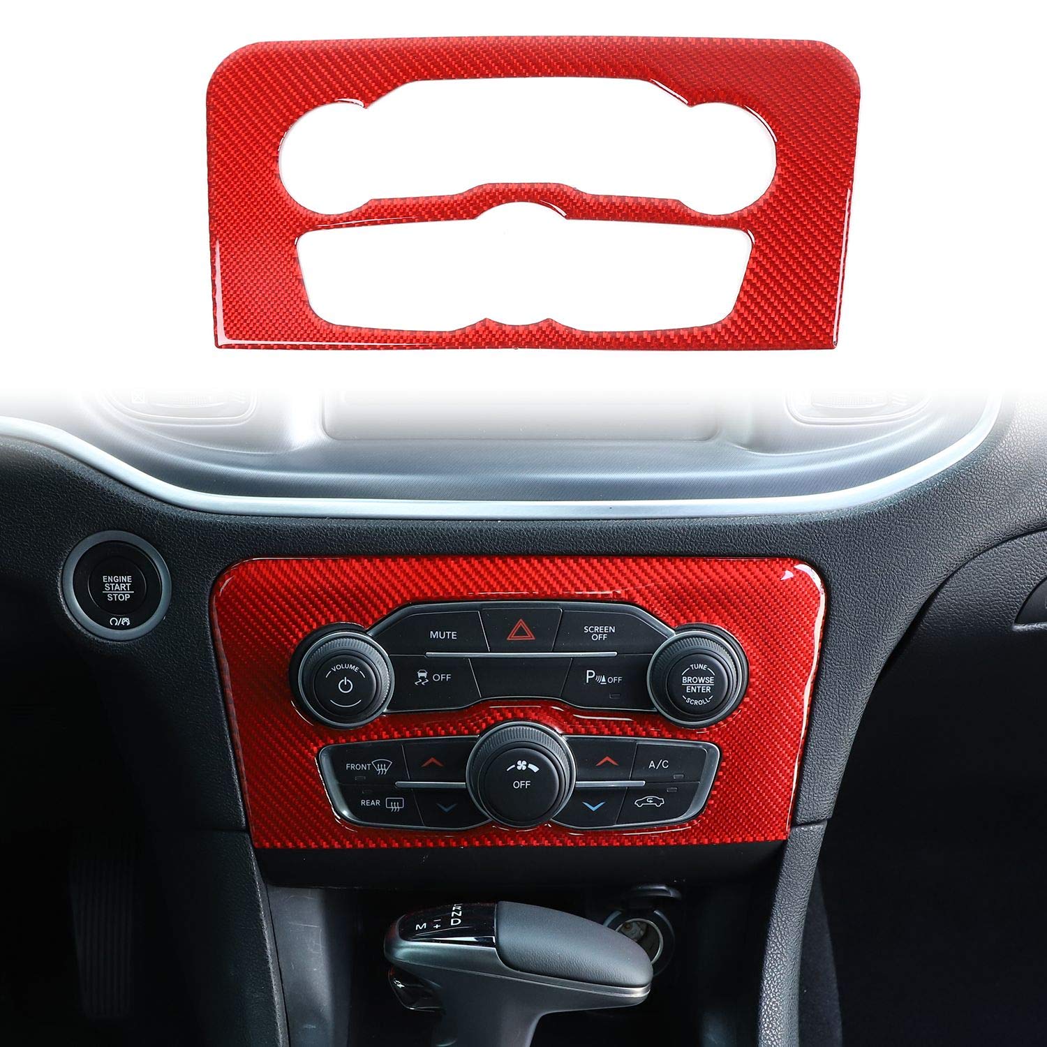 Premium Red Carbon Fiber Radio AC CD Switch Panel Trim for 2015-2019 Dodge Charger - 1pc Replacement Part - Perfect for Interior Upgrades & Custom Car Modifications
