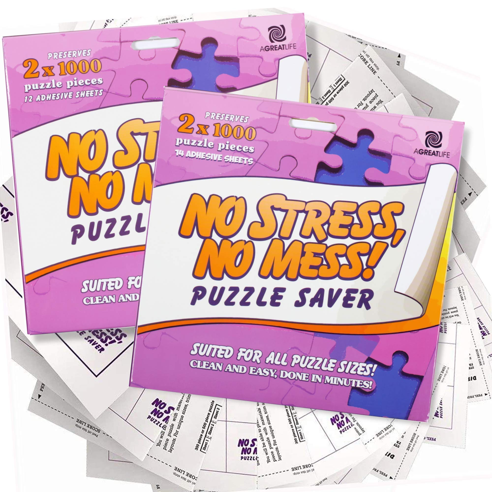 AGreatLife 2 Pack No Stress No Mess Puzzle Saver - 12 & 14 Sheets Puzzle Glue Sheets for Large Jigsaw Puzzles (1000+ Pieces) - Includes 8 Wall Hangers - Easy DIY Puzzle Mounting & Preservation - Perfect for Home Decor, Gifts & Puzzle Enthusiasts