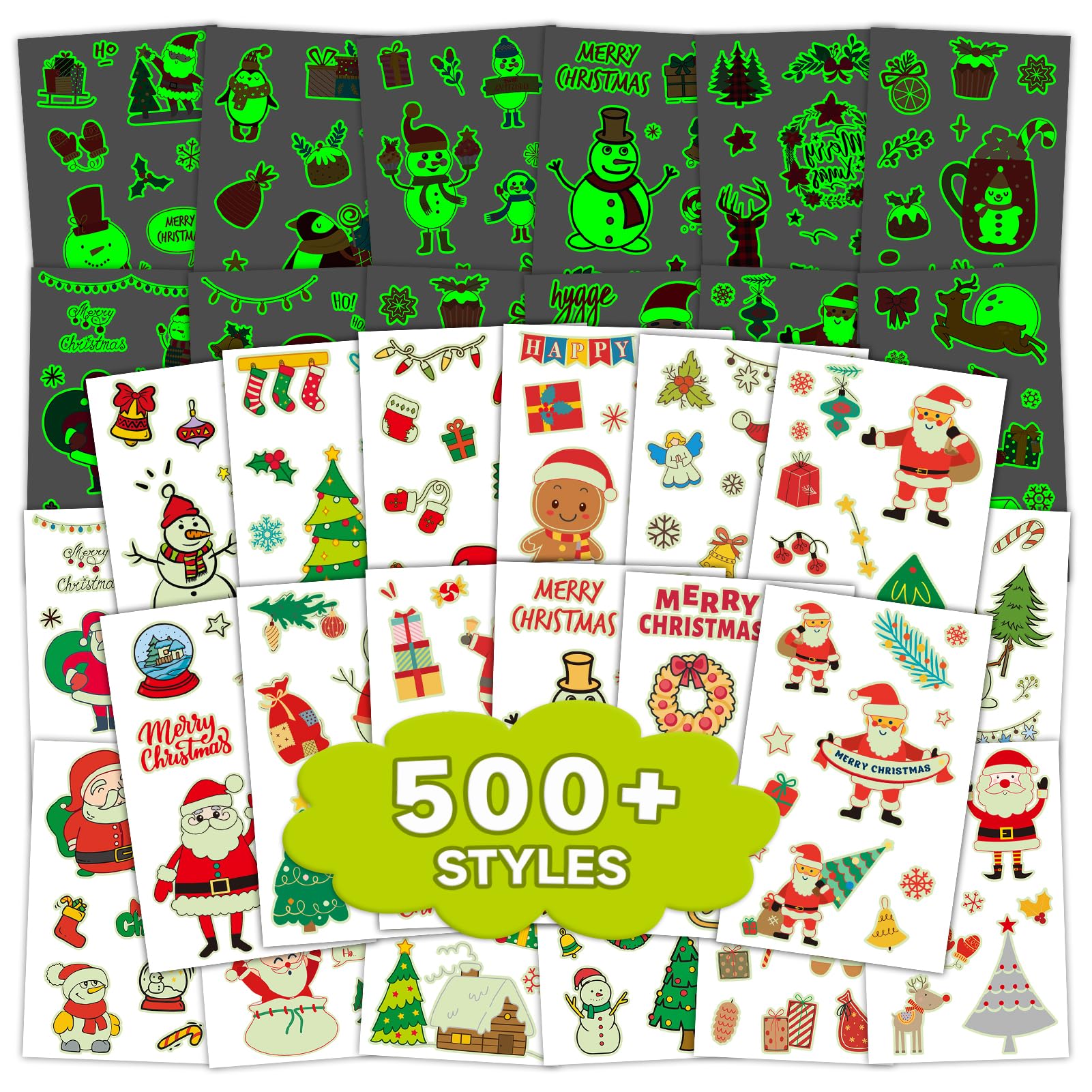 EMOME 525 Glow in the Dark Christmas Temporary Tattoos for Kids - 56 Sheets | Fun Holiday Stocking Stuffers, Party Favors & Decorations | Perfect for Christmas Games, Goodie Bags & Festive Activities for Boys & Girls | Great for Holiday Parties, Classroom Rewards & Family Gatherings