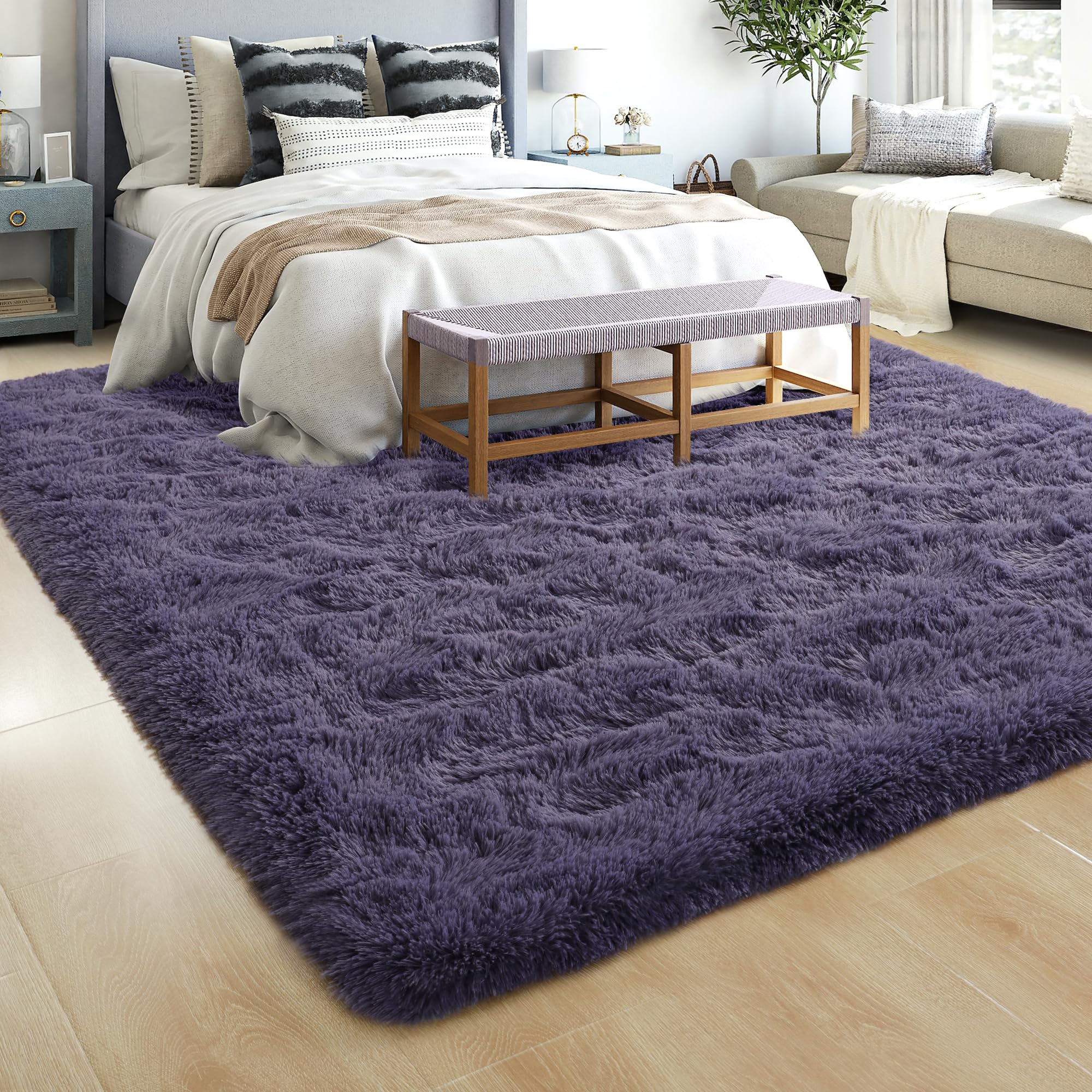 Fluffy Grey Purple 4x6 Shaggy Area Rug - Soft Thick Plush Carpet for Bedroom, Living Room, Kids Room & Dorm Decor - Cozy Aesthetic Floor Mat for Girls' Room, Home & Office Use