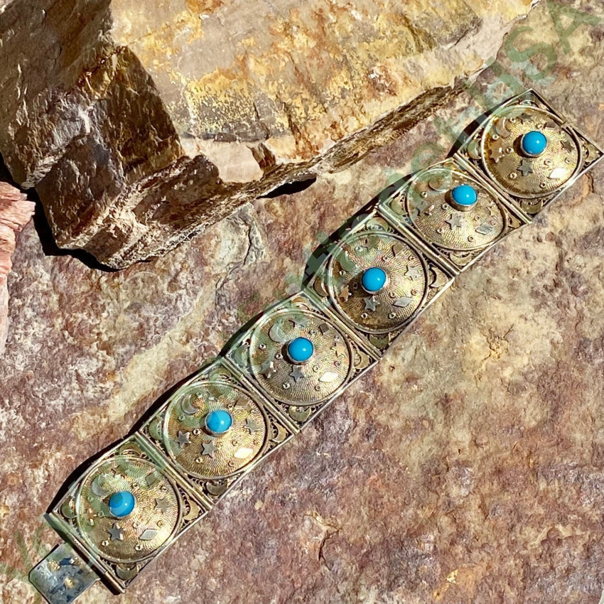 Vintage Gold Washed 800 Silver Moon and Stars Charm Bracelet - Perfect for Boho Chic Outfits & Festival Jewelry