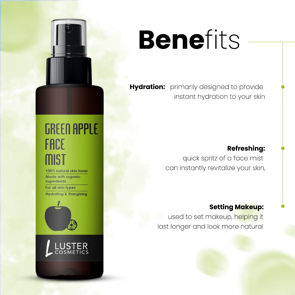 Luster Cosmetics Green Apple Face Mist Skin Toner | Hydrating Facial Spray for Women & Men | All Skin Types | Paraben & Sulfate Free (115ml) | Refreshing Toner for Daily Skincare, Makeup Setting & On-the-Go Hydration