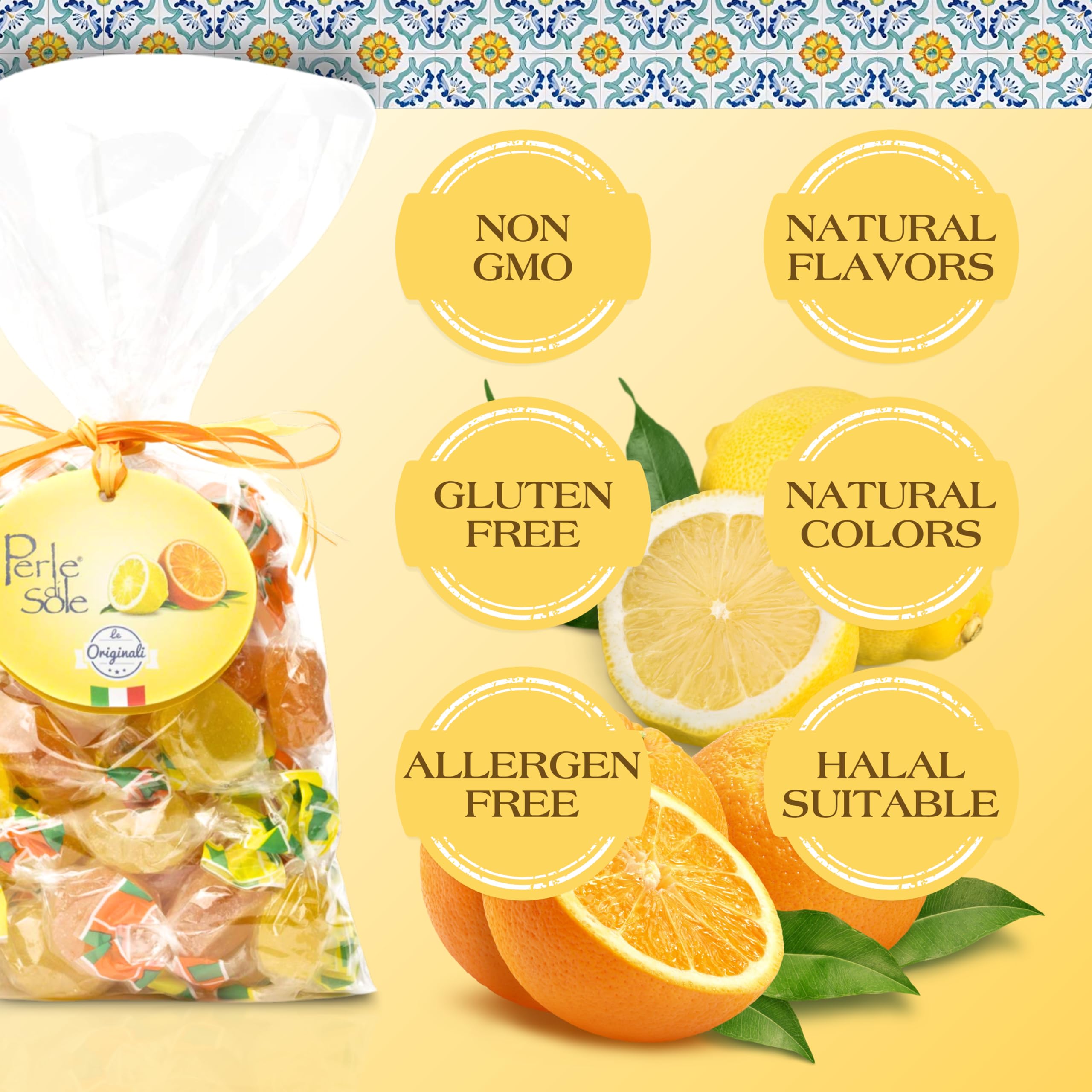 Perle di Sole Italian Fruit Jelly Candy - Orange & Lemon Soft Gummy Candy Individually Wrapped (12.35oz/350g) - Authentic Italian Gelee Treats for Parties, Gifts & Snacking