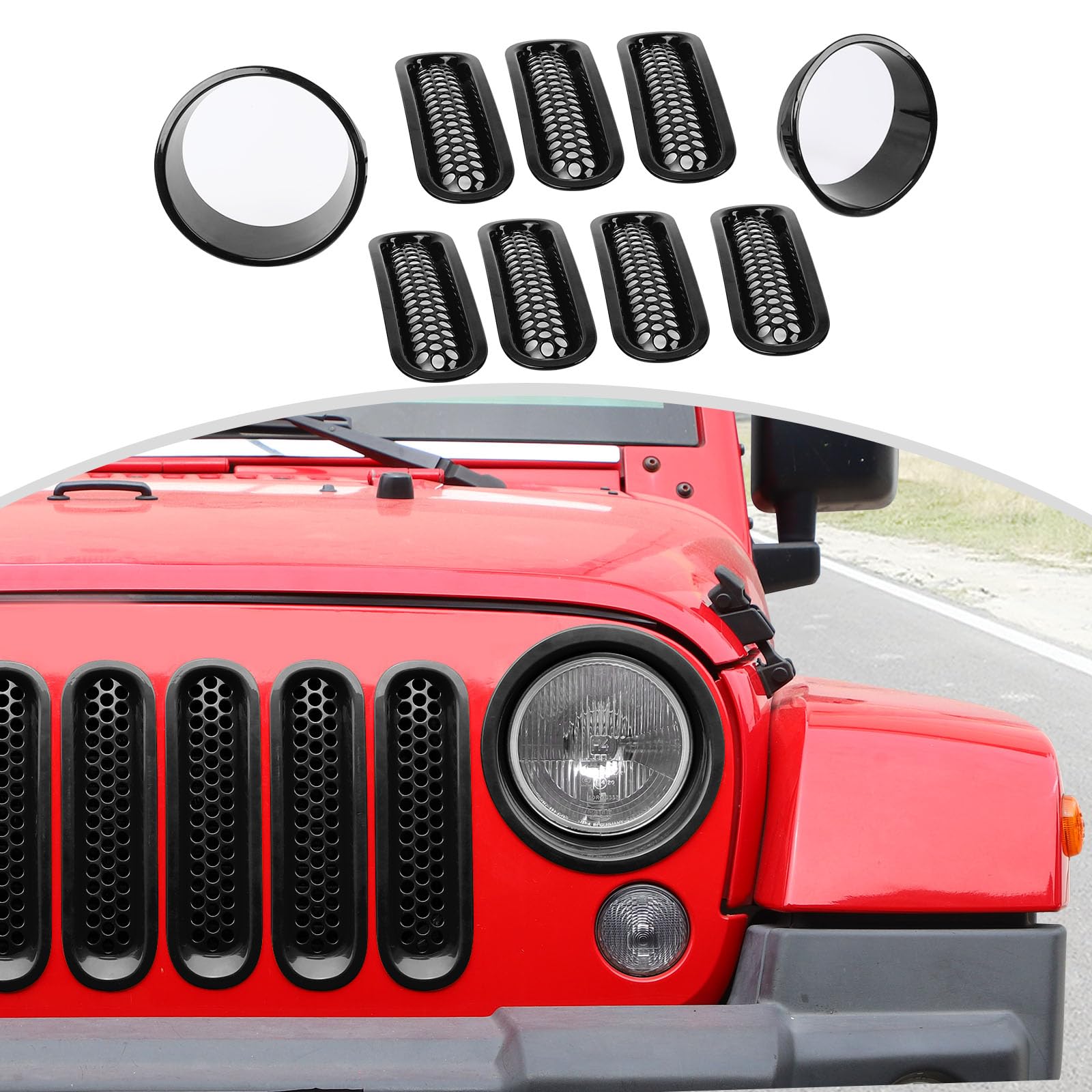CheroCar Black Mesh Grille Insert & Headlight Cover Trim for Jeep Wrangler JK 2007-2017 - Durable Exterior Accessories for Off-Road & Daily Driving