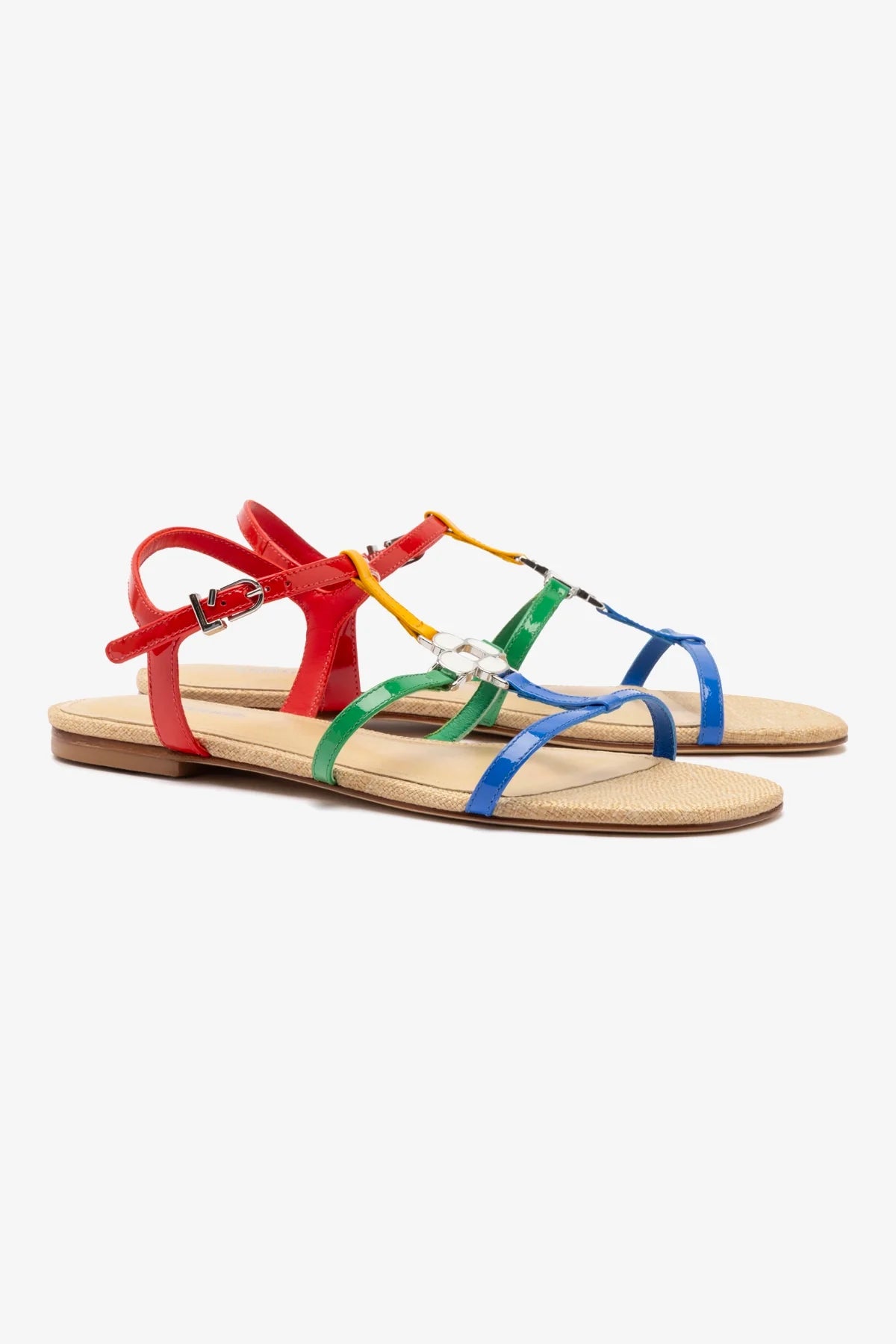 Hana Women's Flat Sandals - Colorful Patent Leather & Raffia Summer Sandals for Beach, Vacation & Casual Outfits