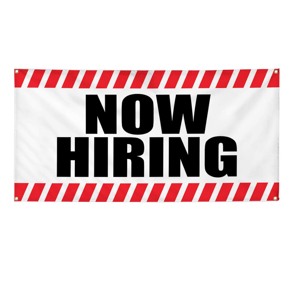 Custom Vinyl Banner - Now Hiring Business Sign - Weatherproof Outdoor Yard Sign - Multiple Sizes (60x144 Inches) - White with 10 Grommets - Perfect for Business Advertising, Events, and Outdoor Promotions