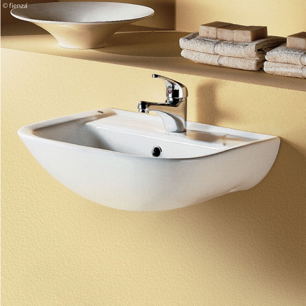 Fienza 600101W RAK Lara Wall-Mounted Ceramic Bathroom Sink with Single Tap Hole - White | Modern Space-Saving Design for Small Bathrooms & Powder Rooms