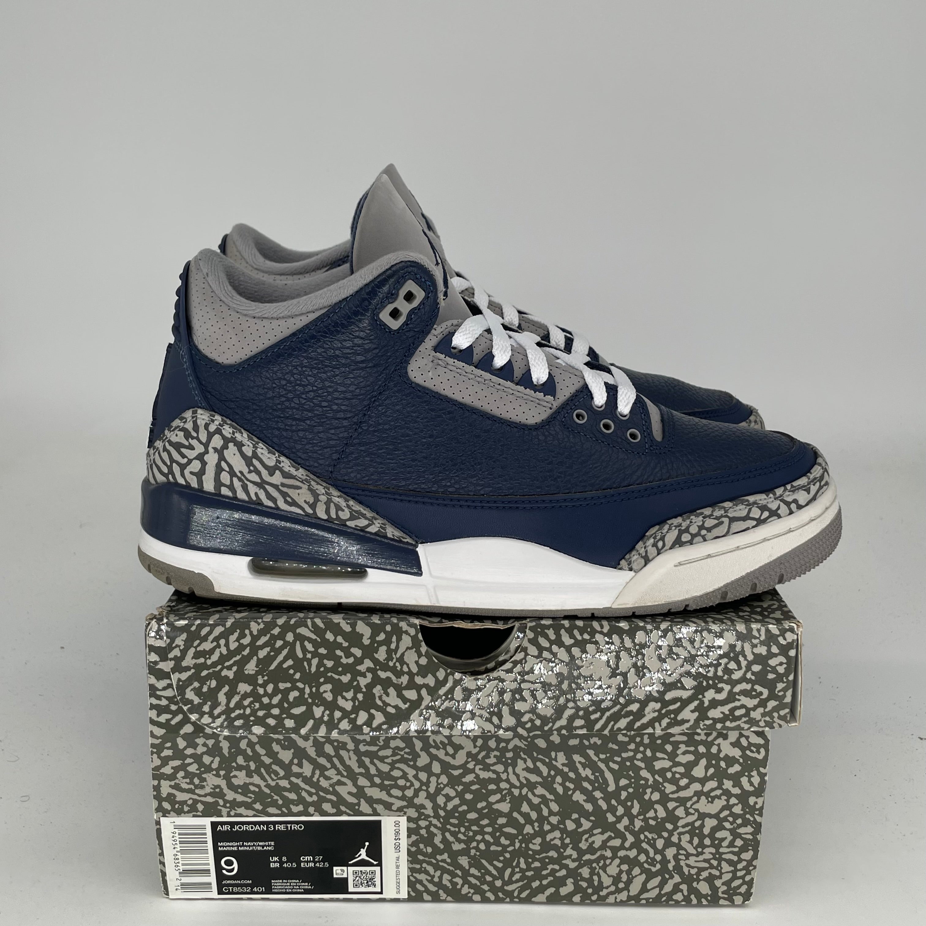 Original Air Jordan 3 Retro 'Georgetown' Men's Basketball Shoes Size 9 - CT8532-401 | Classic Sneakers for Streetwear, Basketball & Casual Outfits
