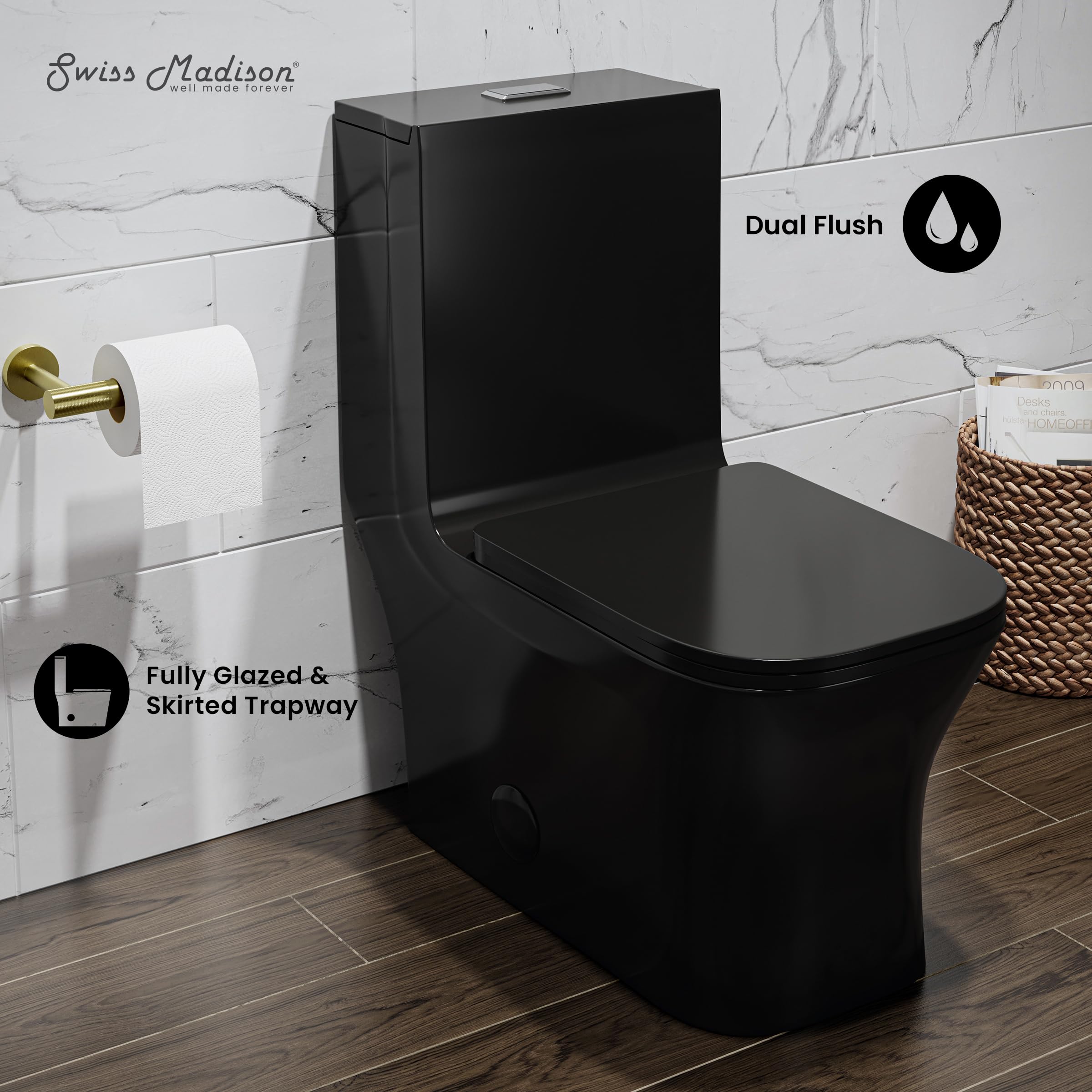 Concorde One Piece Square Toilet with Dual Flush 1.1/1.6 GPF - Glossy Black Modern Water-Saving Bathroom Fixture for Home & Commercial Use
